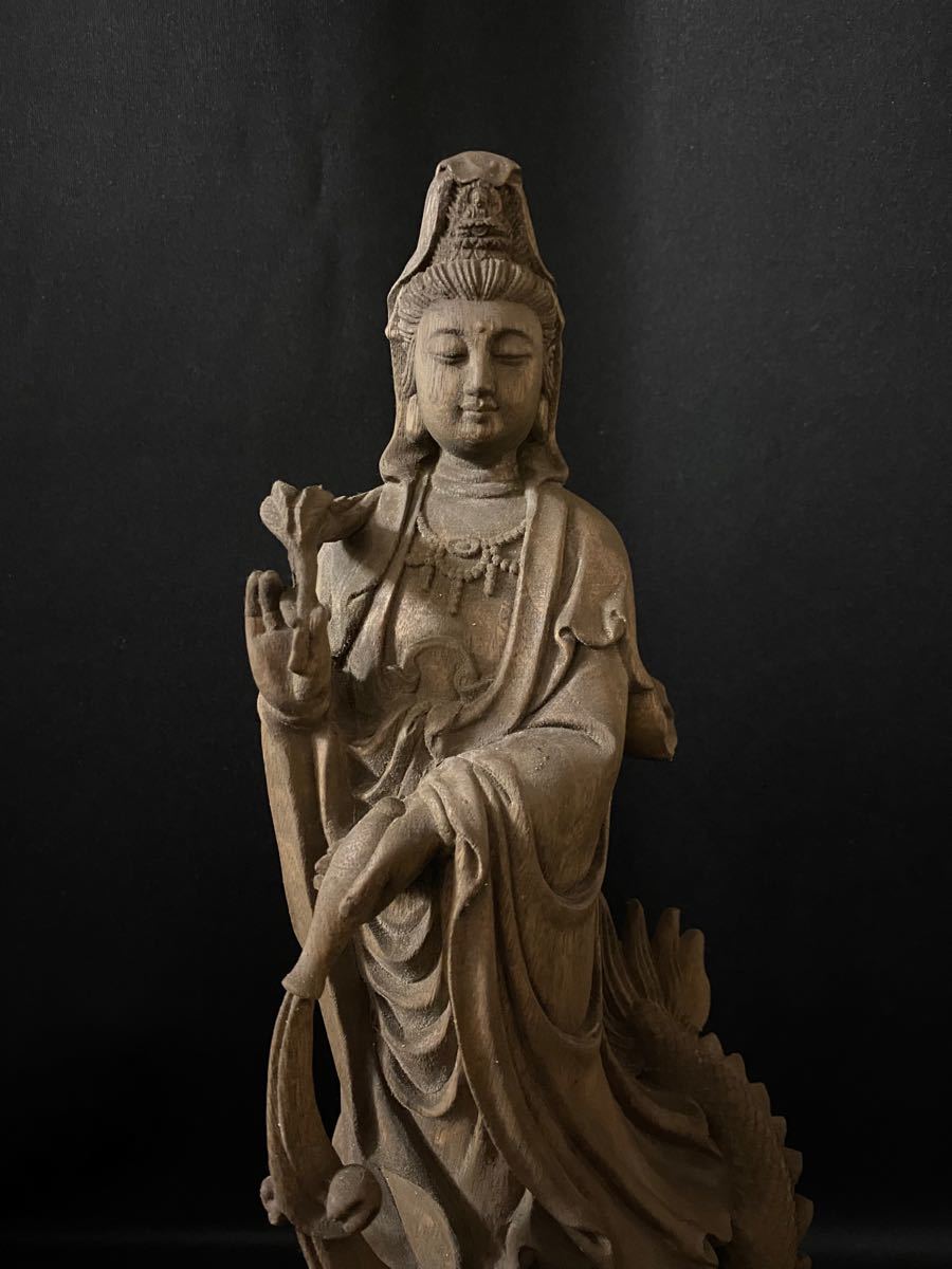 総楠材 高36cm 仏教工芸品 時代彫刻 木彫仏教 仏師で仕上げ品 龍上観音