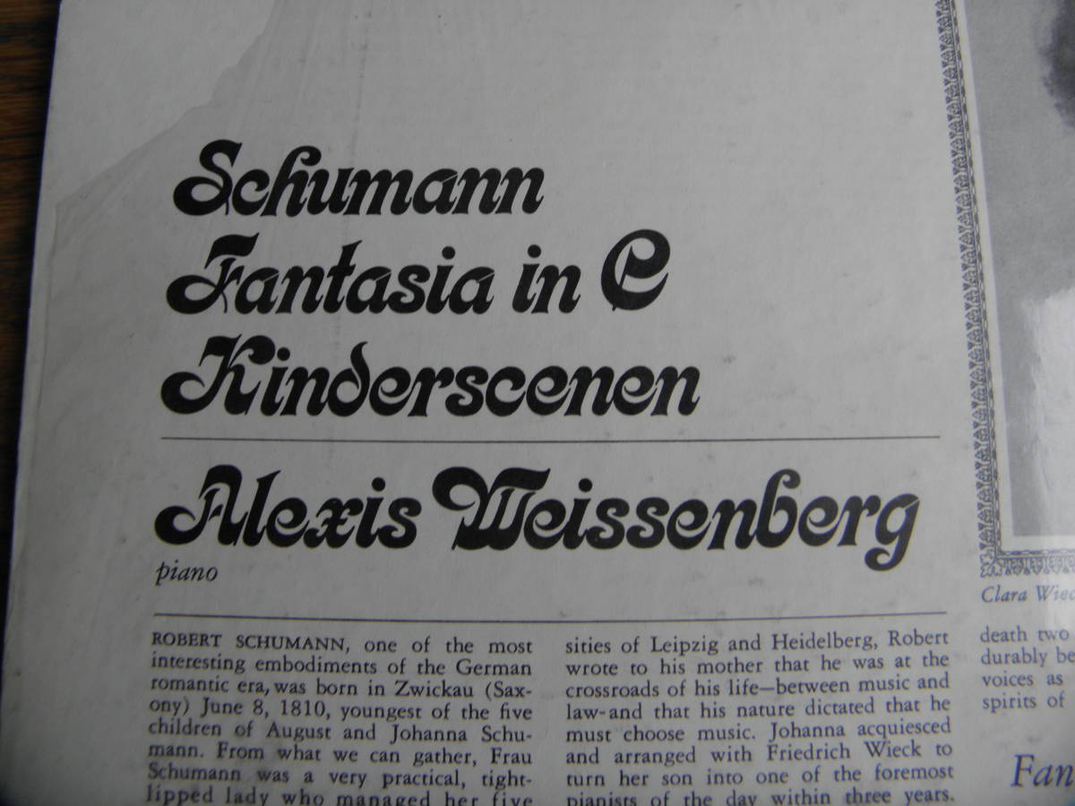 ⑦往年のピアノの巨匠ワイゼンベルグの シューマン 幻想曲 子供の情景 英EMI録音 米エンジェル盤 状態良好です_画像3