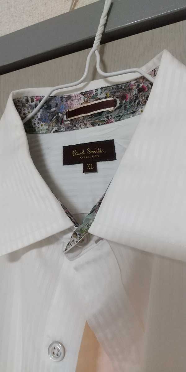 ポール・スミスコレクション PaulSmithCollection 高級ドレスシャツ XL LL 白ホワイト 襟裏袖裏花柄 シャドーストライプ_画像2