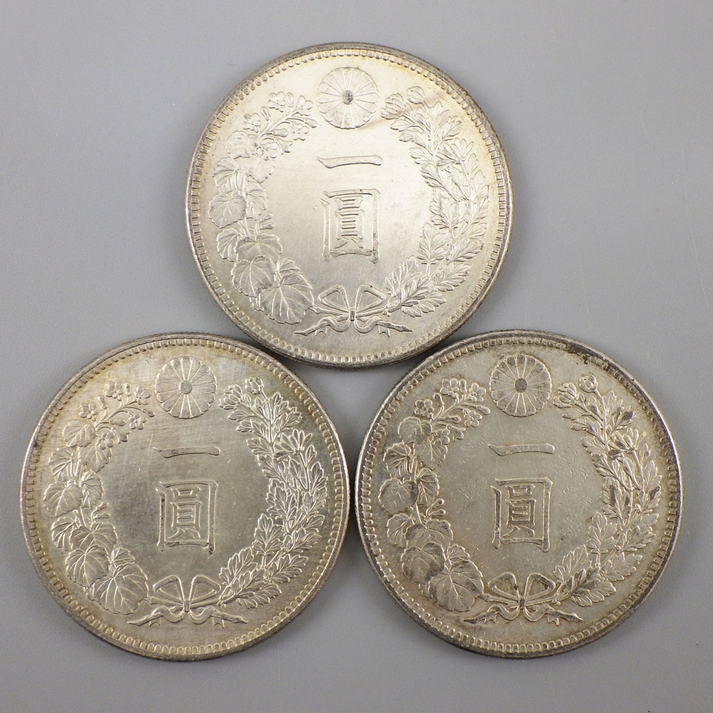 新1円銀貨 明治37年×3点 古銭/一圓銀貨/貨幣/円銀/銀貨/SV/三十七年