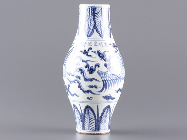 K】中国古美術 時代唐物 大明宣徳年製 染付青花鳳凰図 花瓶 うぶ品