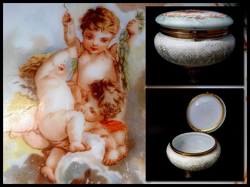 【侍】1800年代フランスアンティーク 乳白ガラス真鍮金具 銀彩天使図 キャンディージャー ジュエリーボックス 小物入れ オブジェ 19-U909