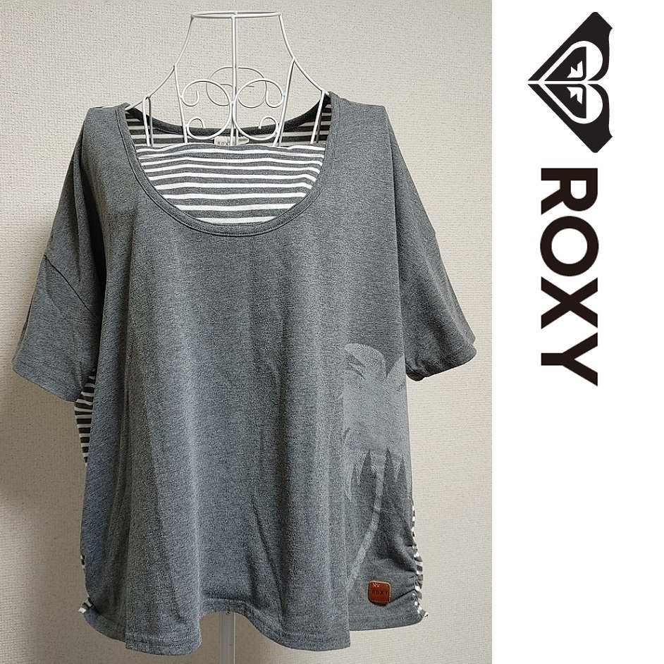 ロキシー★L グレー ボーダー★Roxy ゆるダボ 半袖トレーナー スウェット Tシャツ 大きめ レディース カットソー ダボT サーファー サーフ_画像2