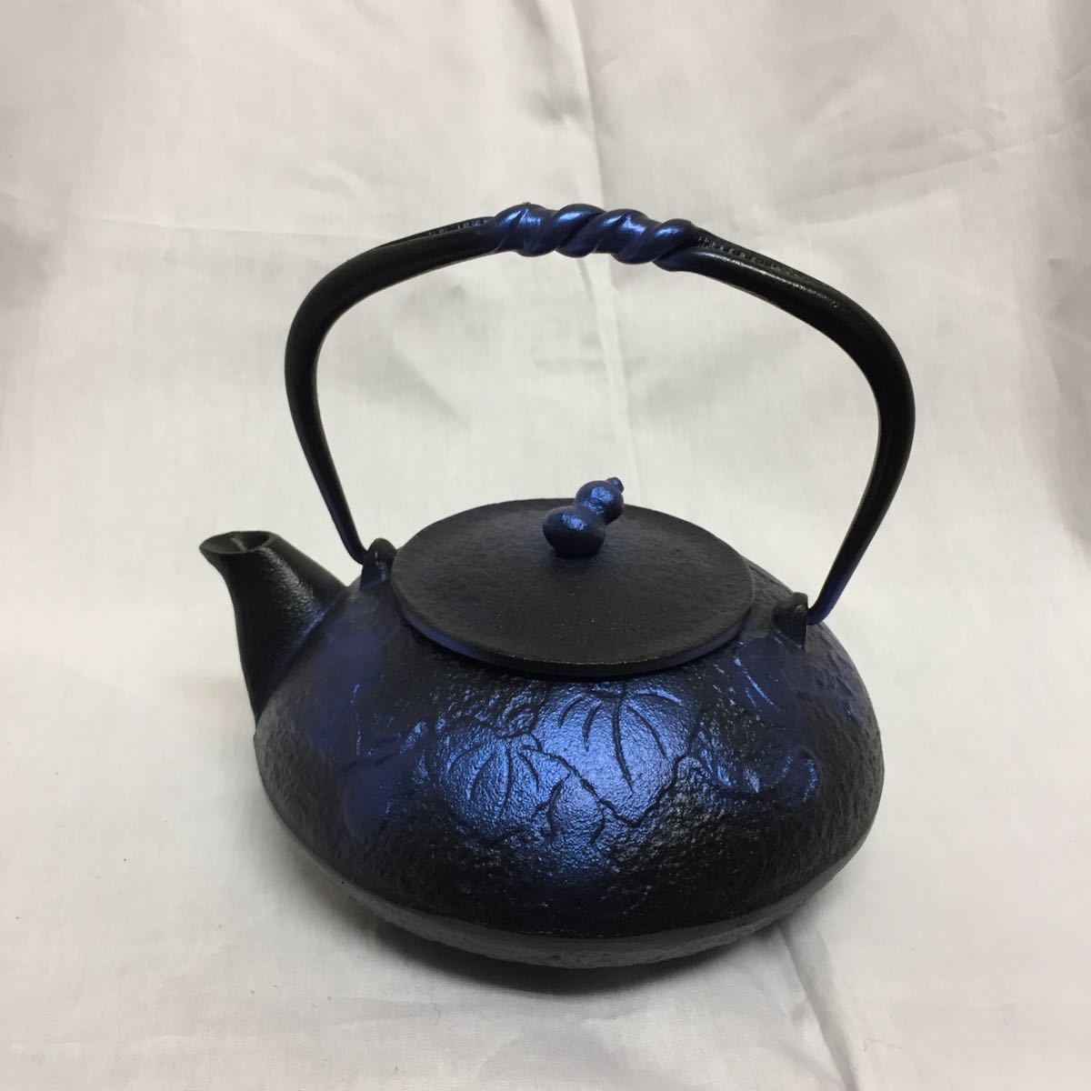 南部鉄器 新品 瓢 瑠璃色 急須 鉄瓶 直火OK IH使用可能 箱付き 検査証