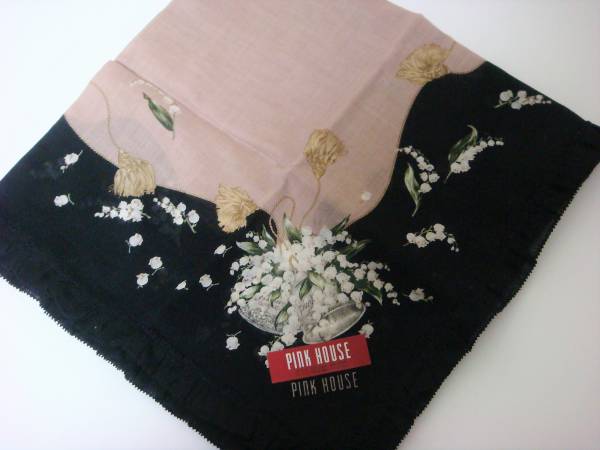  Pink House PINK HOUSE lily of the valley bell tassel pattern black × beige handkerchie pico frill cotton large size handkerchie scarf clothing accessories equipment ornament rare goods 