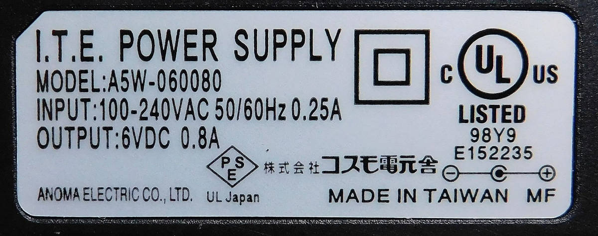 ANOMA ELECTRIC A5W-060080 AC адаптор (DC6V/0.8A/4.0φ×1.7φ) Sony AC-ES608K3*AC-ES608 сменный [ управление :KH602]