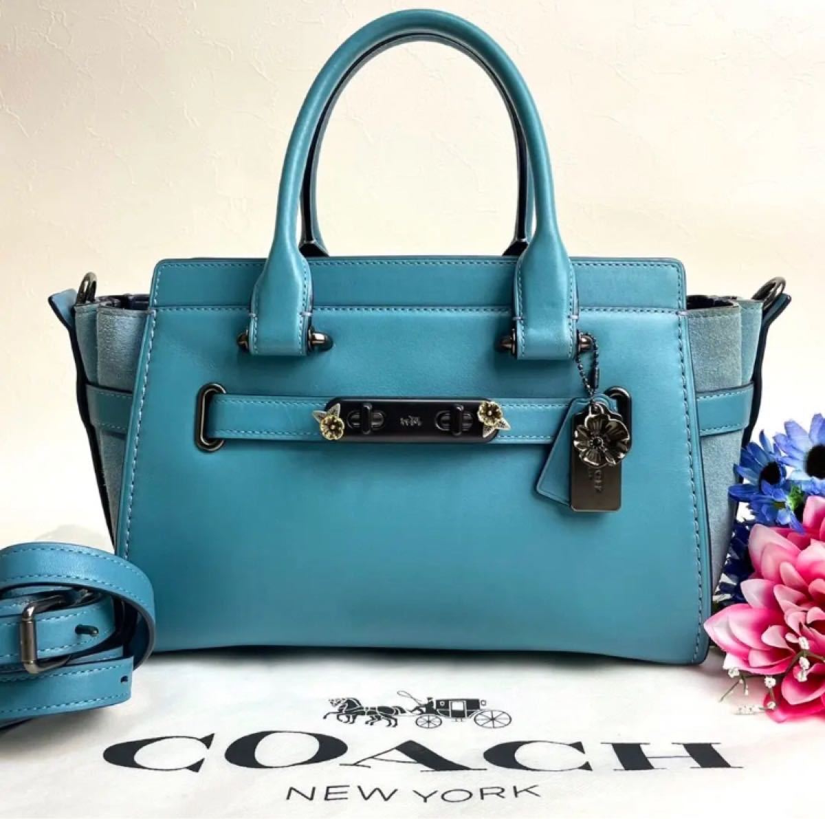 希少品 COACH コーチ 2way ショルダーバッグ ハンドバッグ 肩掛け スワッガー ティーローズ スカイブルー