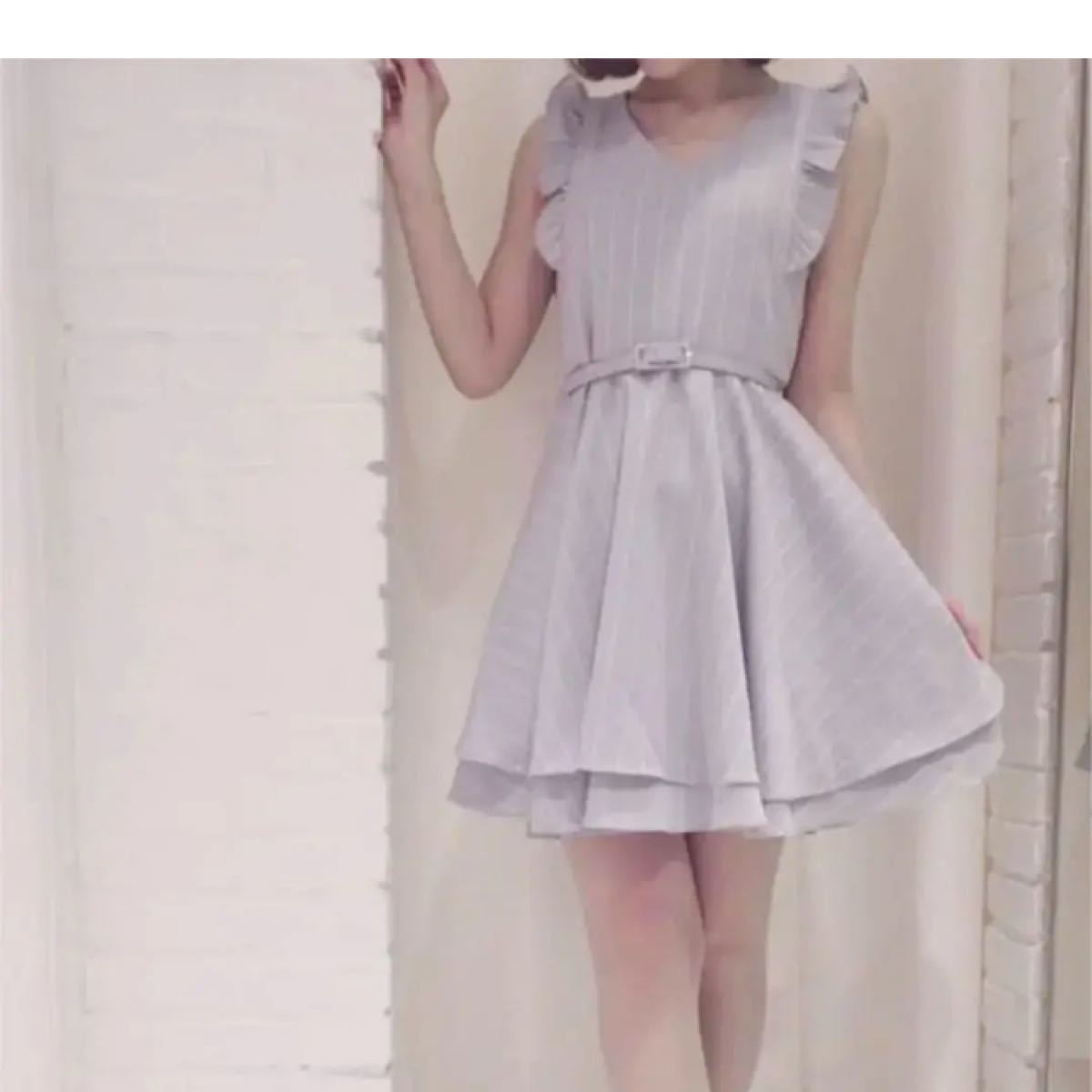 ストライプベルトワンピース AnMILLE evelyn アンミール 水色 ミニワンピース