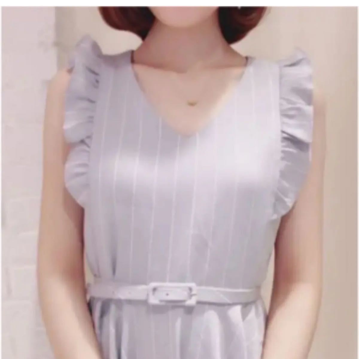 ストライプベルトワンピース AnMILLE evelyn アンミール 水色 ミニワンピース