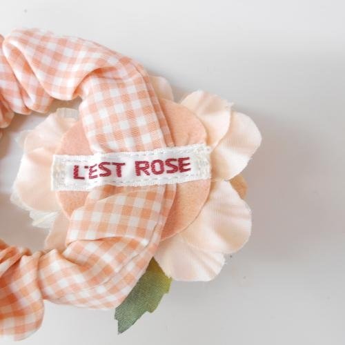 レストローズ LEST ROSE レディース シュシュ お花 付き ピンク 白 チェック ピンク エンジ 白の画像4