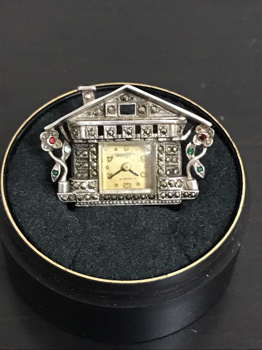 高価値セリー ブローチ時計 アンティーク 17石 手巻き エメラルド