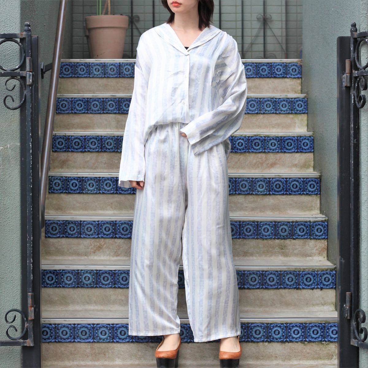 EU VINTAGE STRIPE PATTERNED SET UP PAJYAMAS/ヨーロッパ古着ストライプ柄セットアップパジャマ