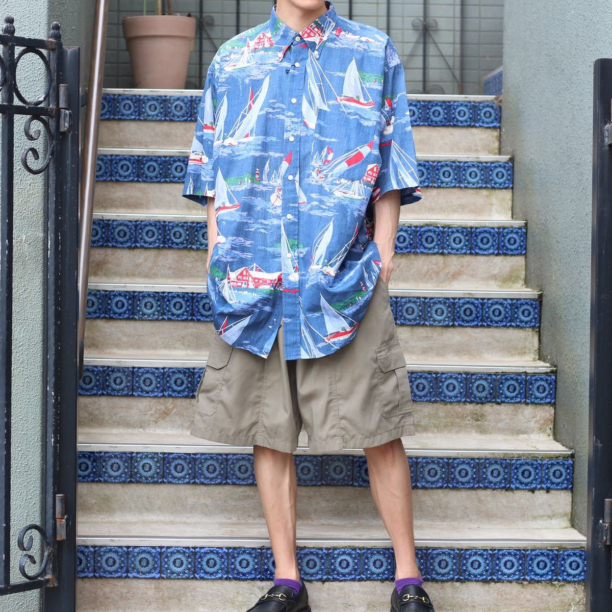 USA VINTAGE NAUTICA HALF SLEEVE YACHT PATTERNED DESIGN SHIRT/アメリカ古着ノーティカ半袖ヨット柄デザインシャツ_画像1