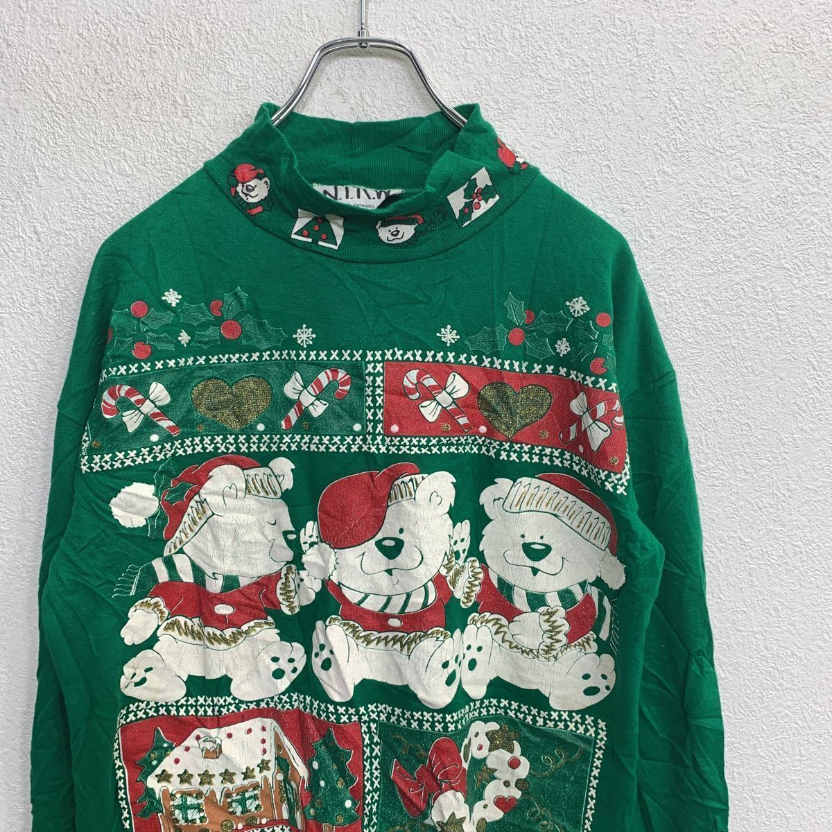 N.Y.K.W. sweat sweatshirt lady's S~M size about Christmas pattern green old clothes . America buying up t2203-3268