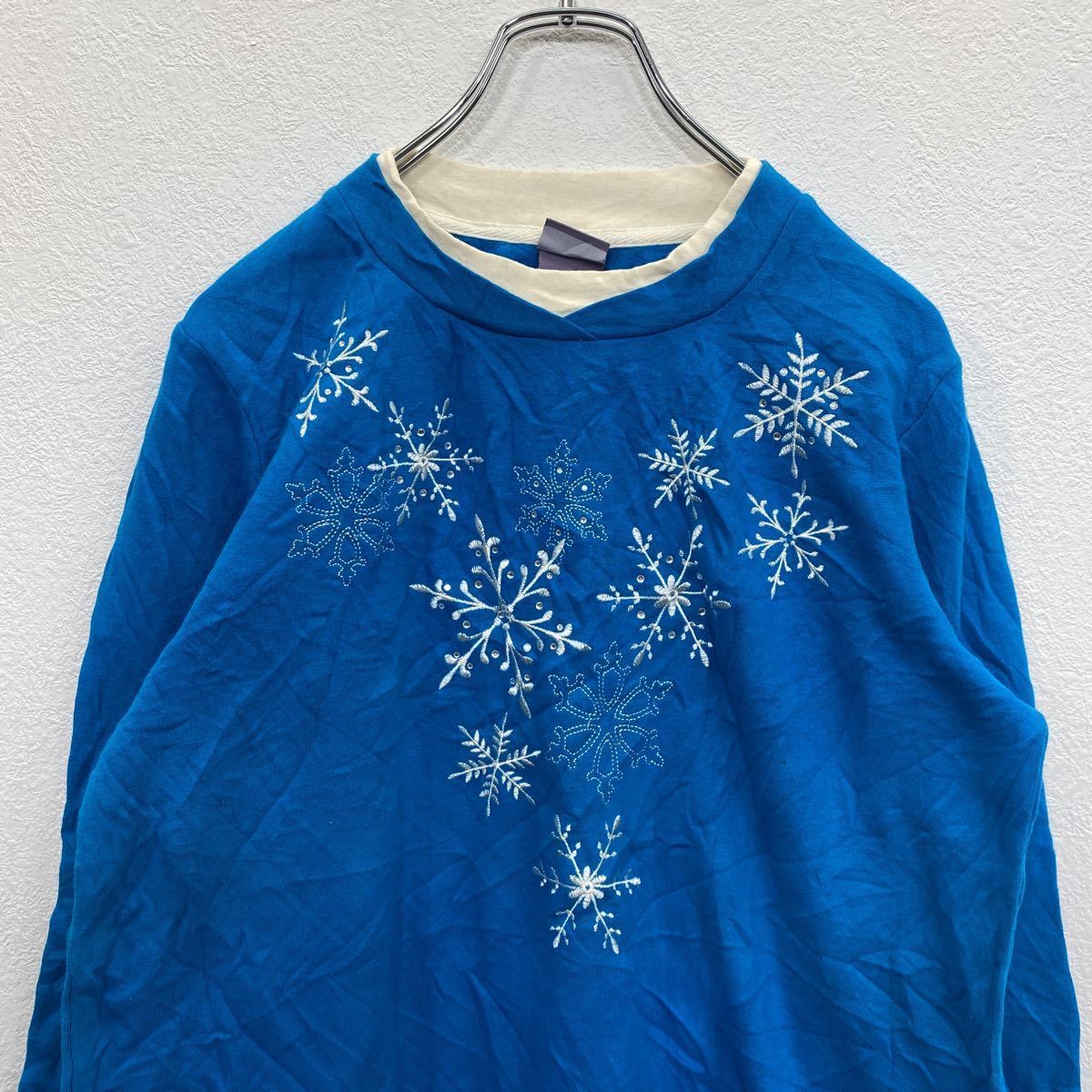 LAURA SCOTT sweat lady's S blue roller Scott reverse side nappy sweatshirt embroidery snow. crystal old clothes . America buying up t2201-4617