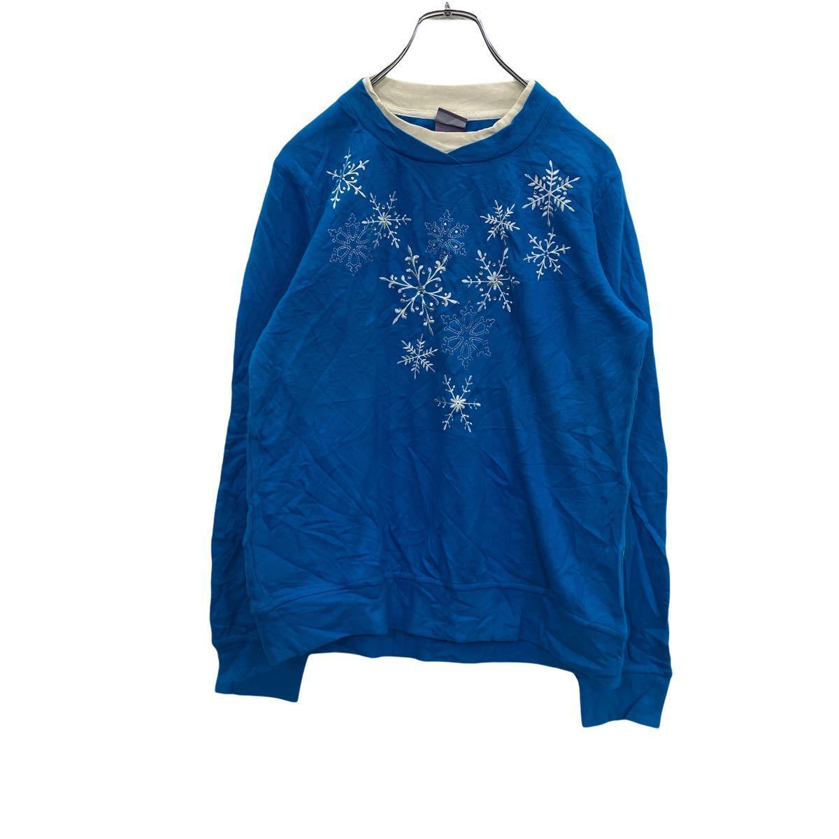 LAURA SCOTT sweat lady's S blue roller Scott reverse side nappy sweatshirt embroidery snow. crystal old clothes . America buying up t2201-4617