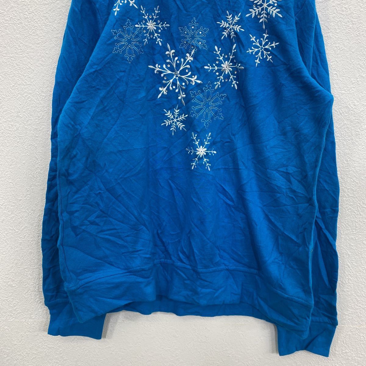 LAURA SCOTT sweat lady's S blue roller Scott reverse side nappy sweatshirt embroidery snow. crystal old clothes . America buying up t2201-4617