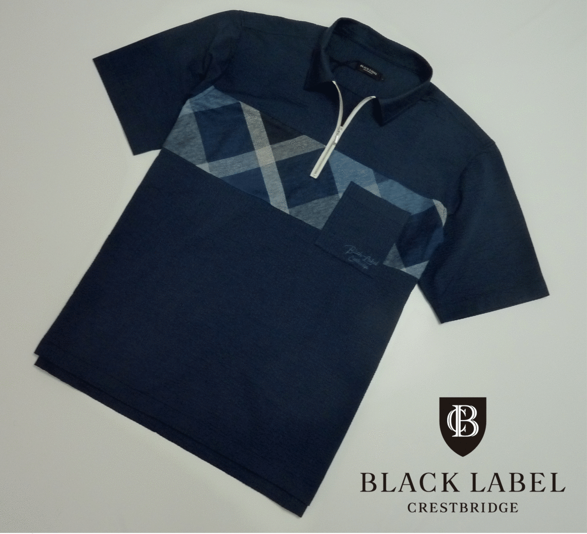新品 BLACK LABELCRESTBRIDGEブラックレーベル クレストブリッジ ハーフジップパネルCBチェック ポロシャツ 【Ｍ】 ネイビ−
