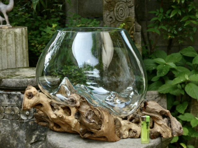 吹きガラスの花瓶+流木台座 h31cm アクアリウム水槽 テラリウム ガラスオブジェ メダカ鉢 玄関飾り 0701a