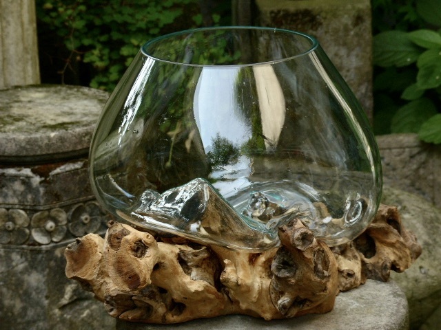 吹きガラスの花瓶+流木台座 h31cm アクアリウム水槽 テラリウム ガラス