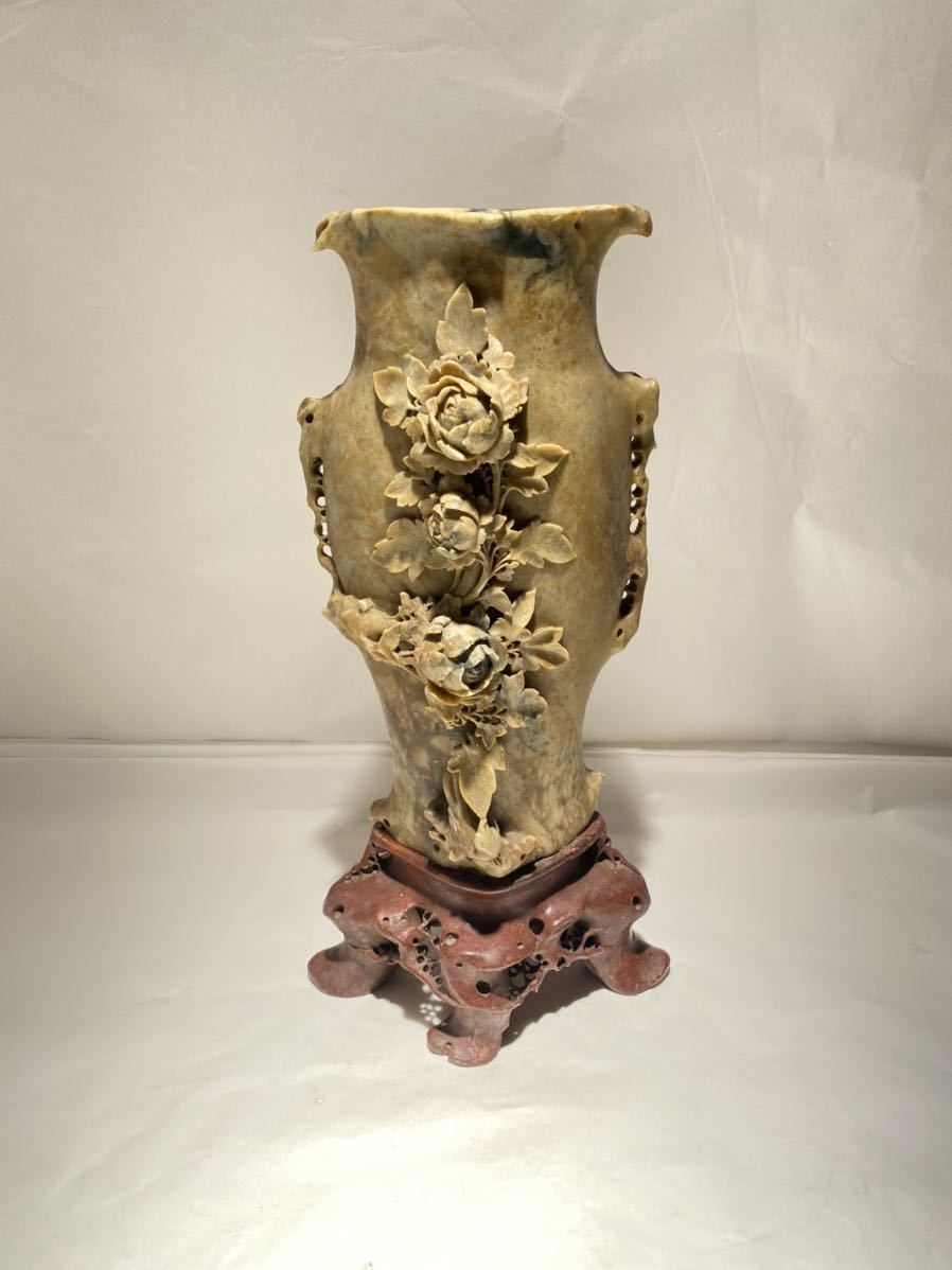 J598 時代 中国 唐物 花瓶 寿山石 花鳥紋 石彫刻 中国美術 傷あり 花入 花生 花器 置物 飾り物 インテリア 高さ 約40cm 重さ  約5.9kg