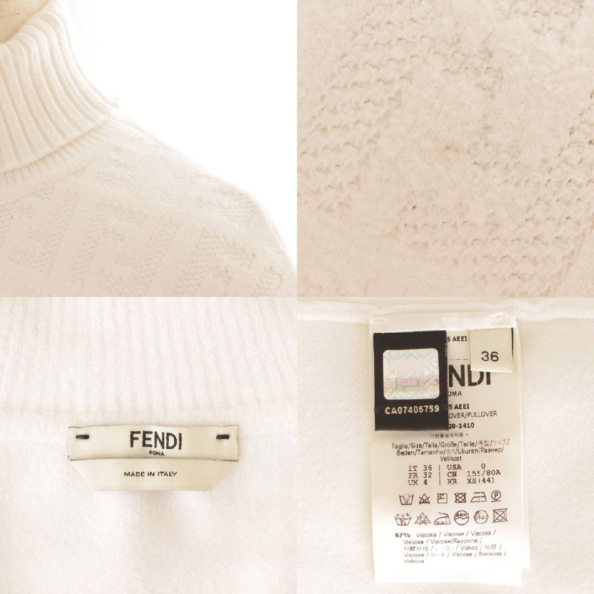 【フェンディ】Fendi ズッカ柄 タートルネック ニット トップス セーター FZX605 AEEI ホワイト 36 【中古】【正規品保証】158831_画像8