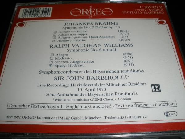 バルビローリ ブラームス 交響曲 第2番 ヴォーン・ウィリアムズ 6番 ステレオ バイエルン放送交響楽団 Brahms V Williams Barbirolli LIVEの画像2