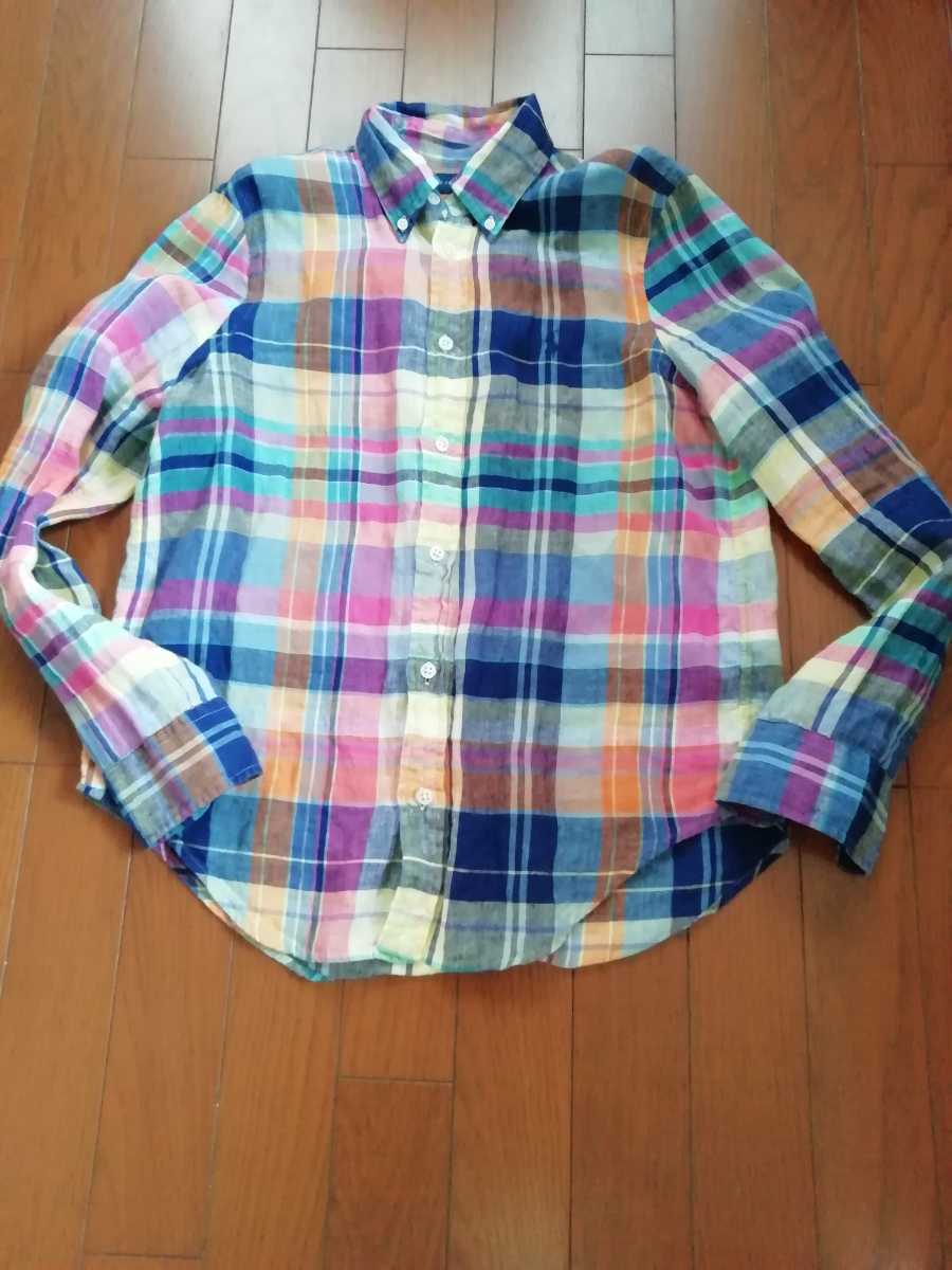 美品◇ラルフローレン リネンシャツ 長袖 チェックシャツ 麻 ブラウス