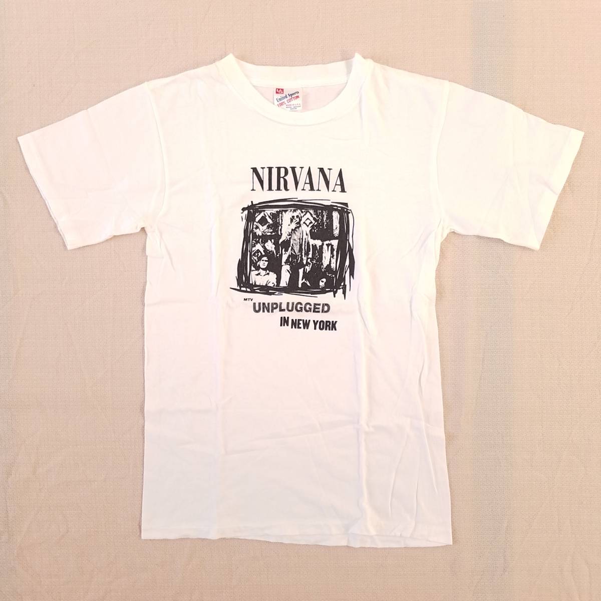 魅惑のバンドT特集! 90s『NIRVANA(ニルヴァーナ) / MTV』半袖Tシャツ United Sportsボディ 米国製 ホワイト M／カートコバーン ロックT_画像1