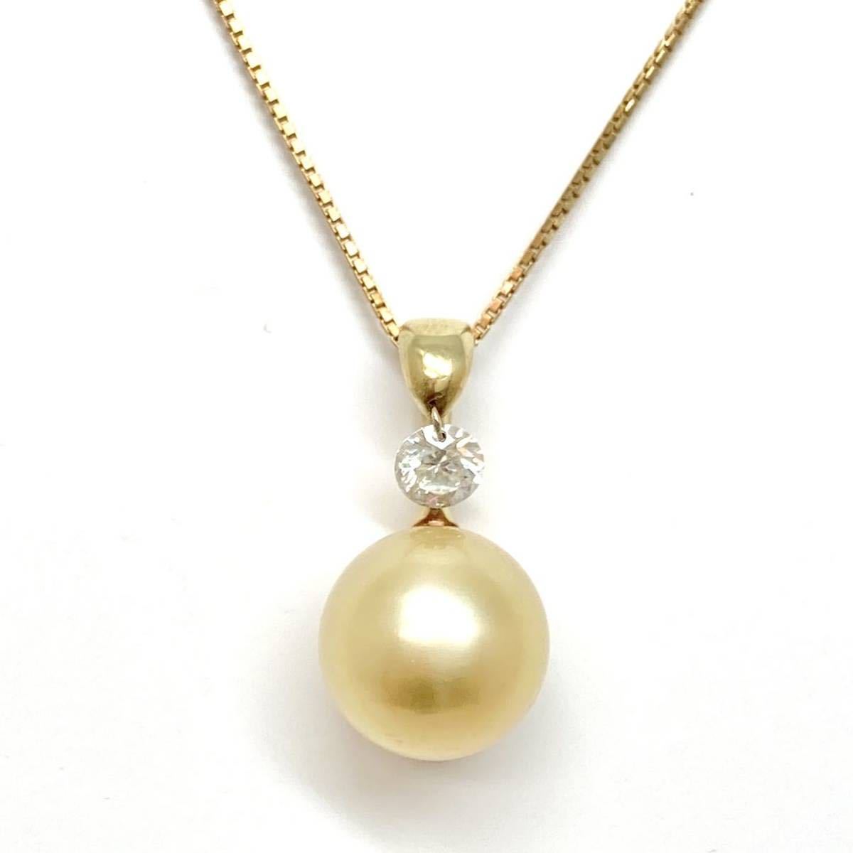 《K18YG天然ダイヤモンド付き ゴールデンパールペンダント》11.0mm珠 0.30ct 5.4g 45.5cm 真珠 pearl diamond pendant necklace jewelryEB5