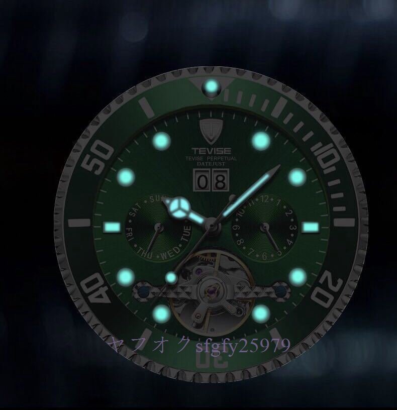 L481☆新品メンズ高級腕時計 機械式自動巻 トゥールビヨン カレンダー 曜日表示 夜光 防水 紳士ウォッチ 6色選択 グリーン_画像8