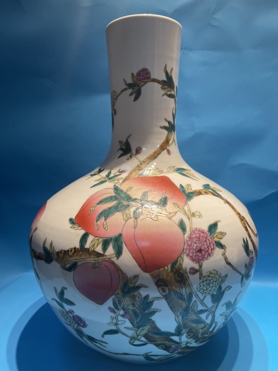 清朝期 時代唐物 粉彩桃文大花瓶 超大花入 大清乾隆年製在銘 中国美術 