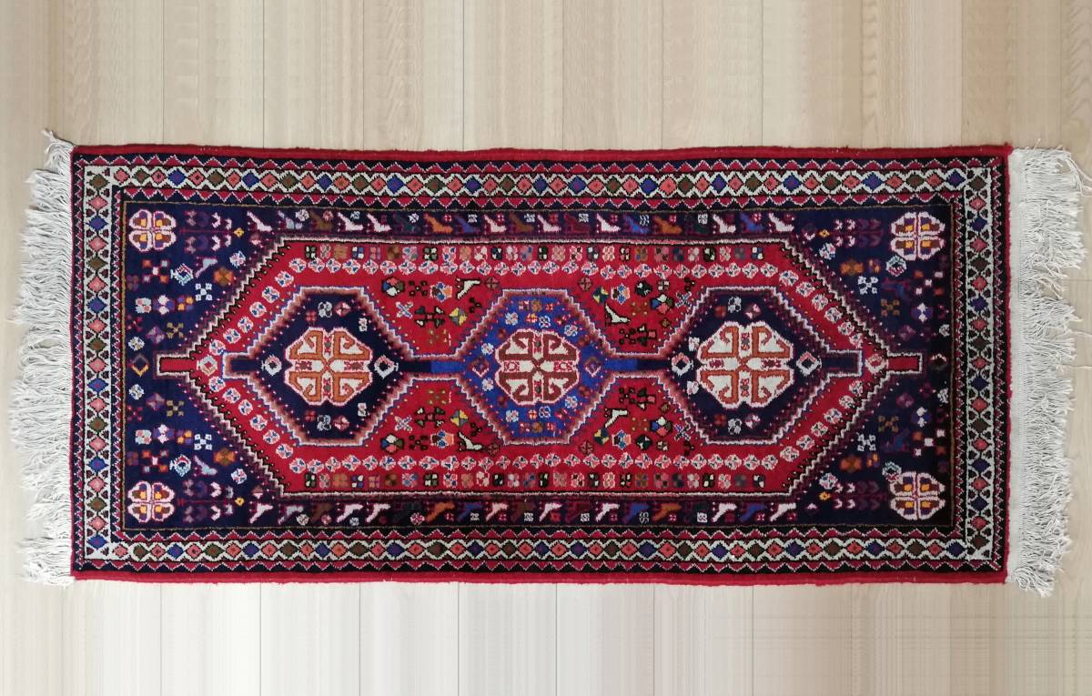 ヴィンテージ品1980年代頃Abadeh手織りペルシャ絨毯142cm×66cmウールonコットン イラン ファールス アバデ産アンティーク壁掛けラグマット