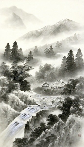 【半額処分・売り切れ御免】◎井戸玲邦『水墨山水』日本画★風景・掛け軸・【新品】 2
