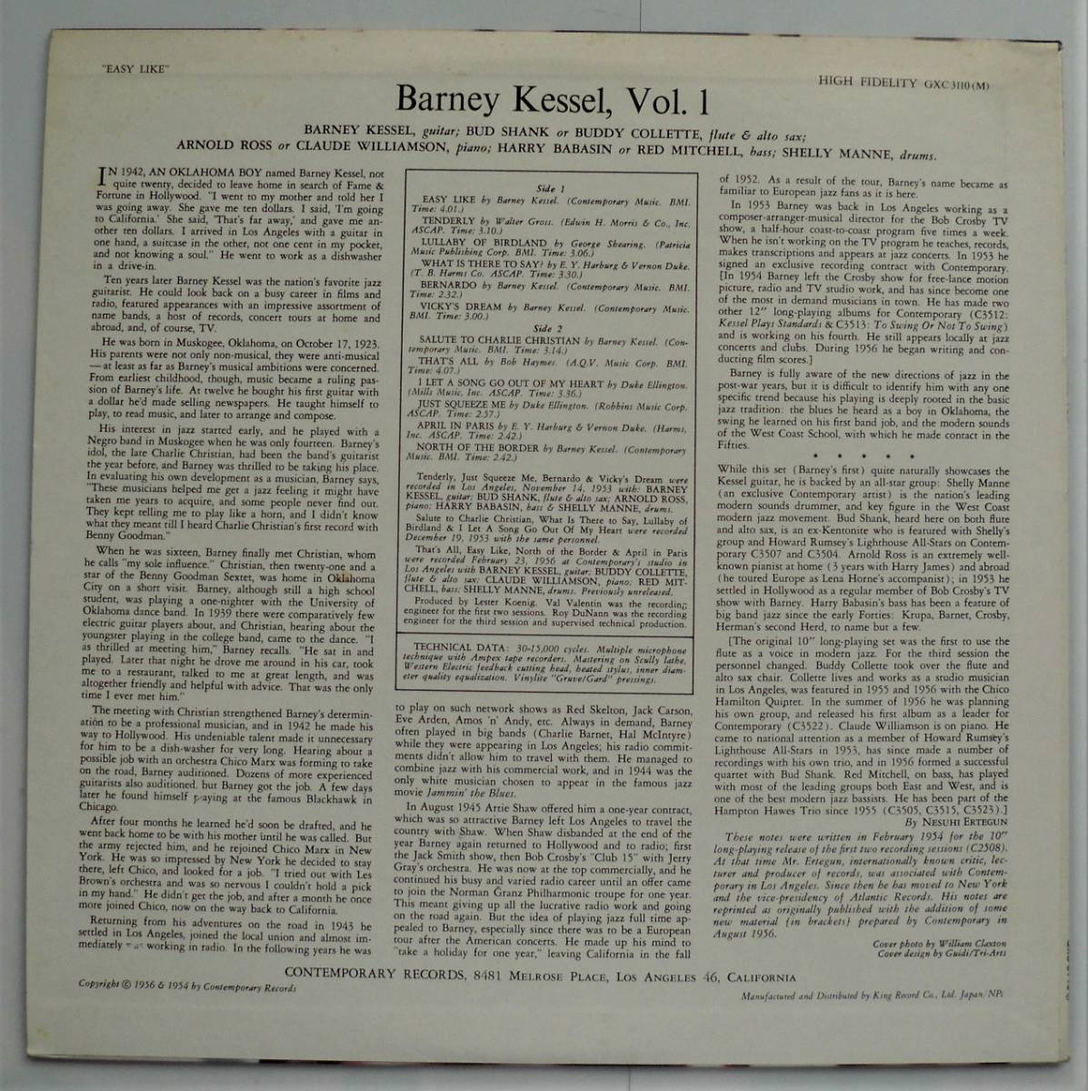 ☆LP★バーニー・ケッセル Barney Kessel★イージー・ライク Easy Like★バド・シャンク バディ・コレット 熱き夢と理想の再現!★_画像2