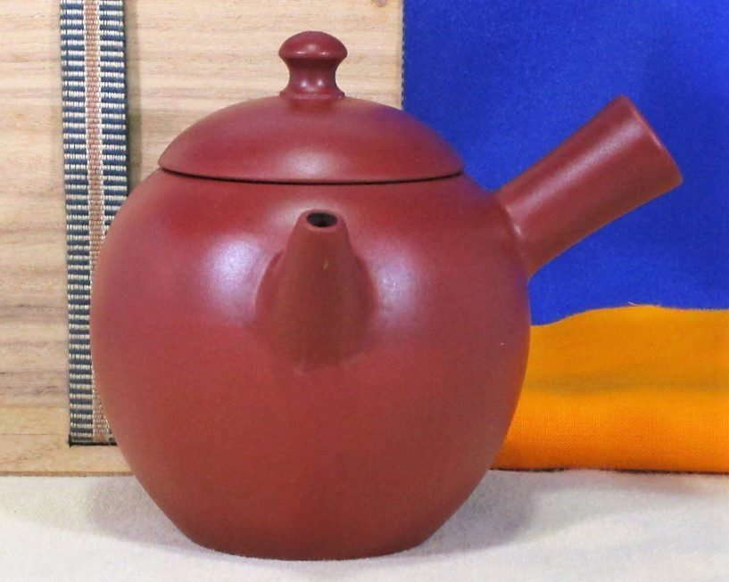 常滑焼 山田常山 朱泥 横手 宝瓶 急須 布 桐箱 / 煎茶道具 茶注 茶瓶 骨董美術 / L-60 2