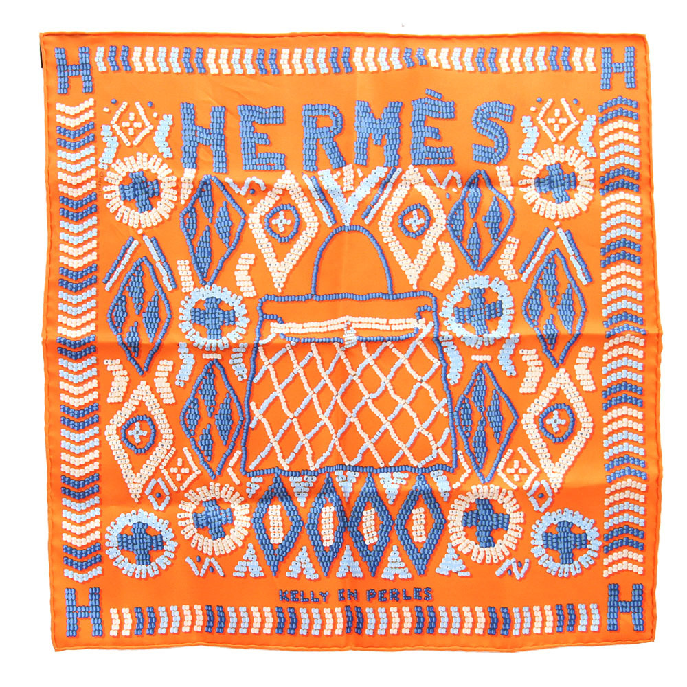 【人気沸騰】 スカーフ エルメス カレ HERMES PERLES EN KELLY 中古 シルク オレンジ 真珠でできたケリー ガヴロッシュ スカーフ