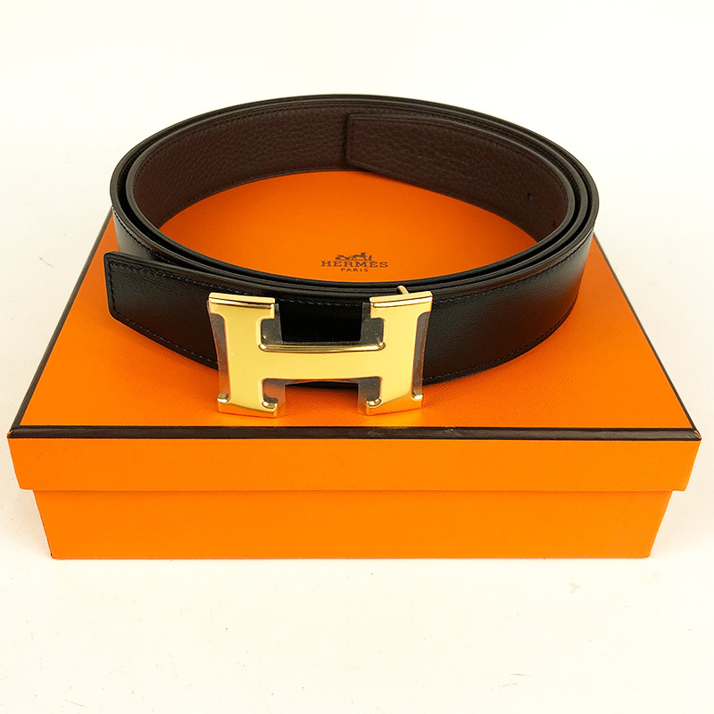 エルメス HERMES Hベルト D刻 ブラック×チョコレート ゴールド金具