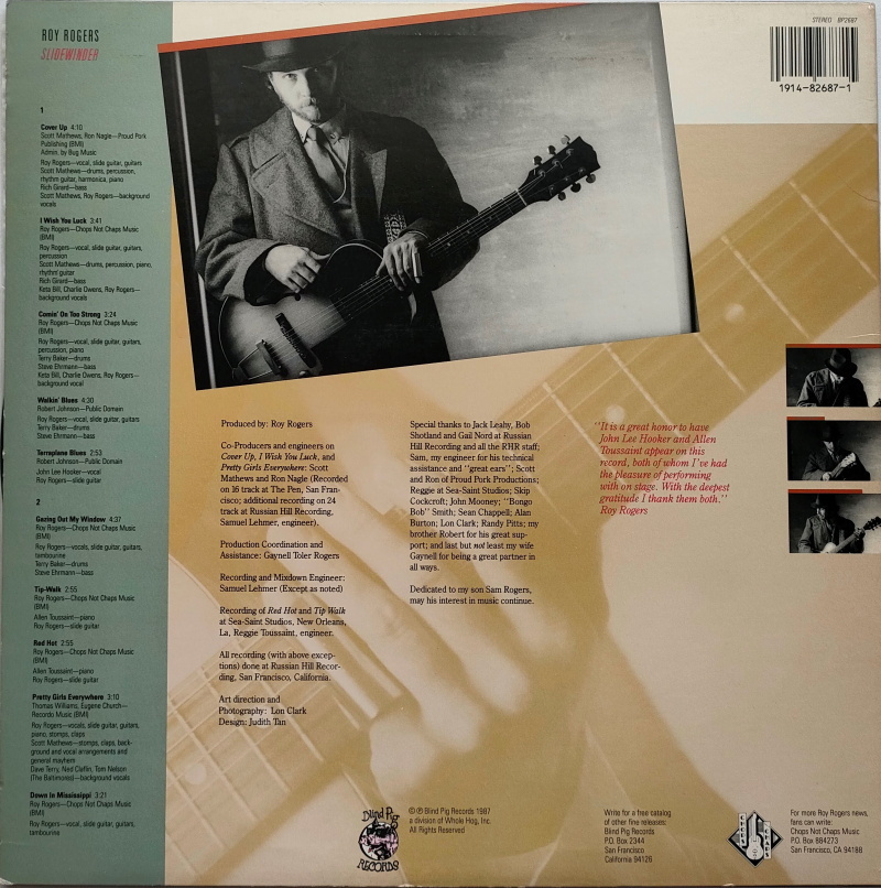 【US盤 Blues LP】Roy Rogers / Slidewinder (Blind Pig BP 2687) 1987年 / Allen Toussaint / John Lee Hooker _画像2