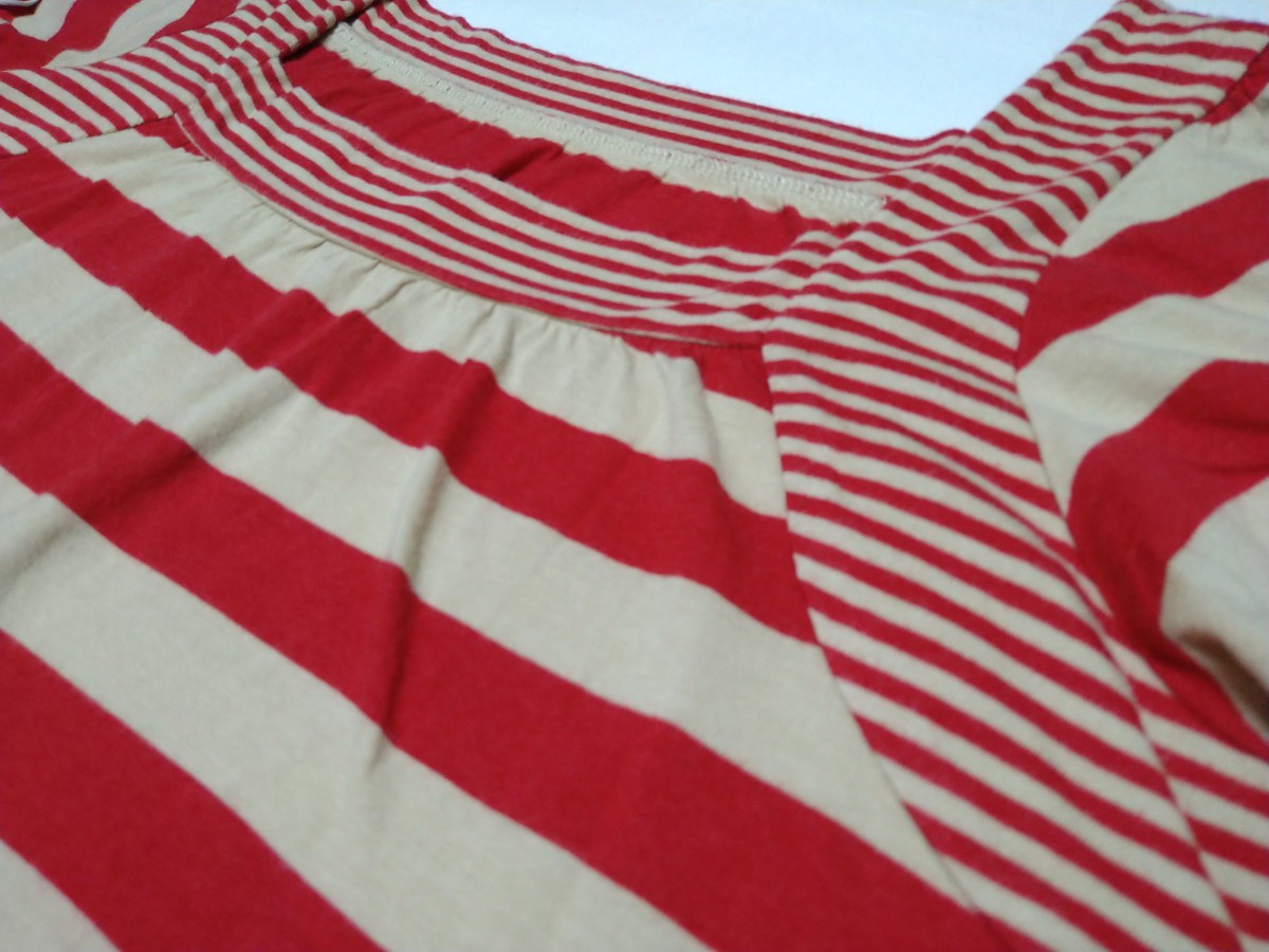 USED　赤　ベージュ　ボーダーカットソー　半袖Tシャツ　半袖　ボーダーTシャツ　ボートネック　ボーダーティシャツ　レディース