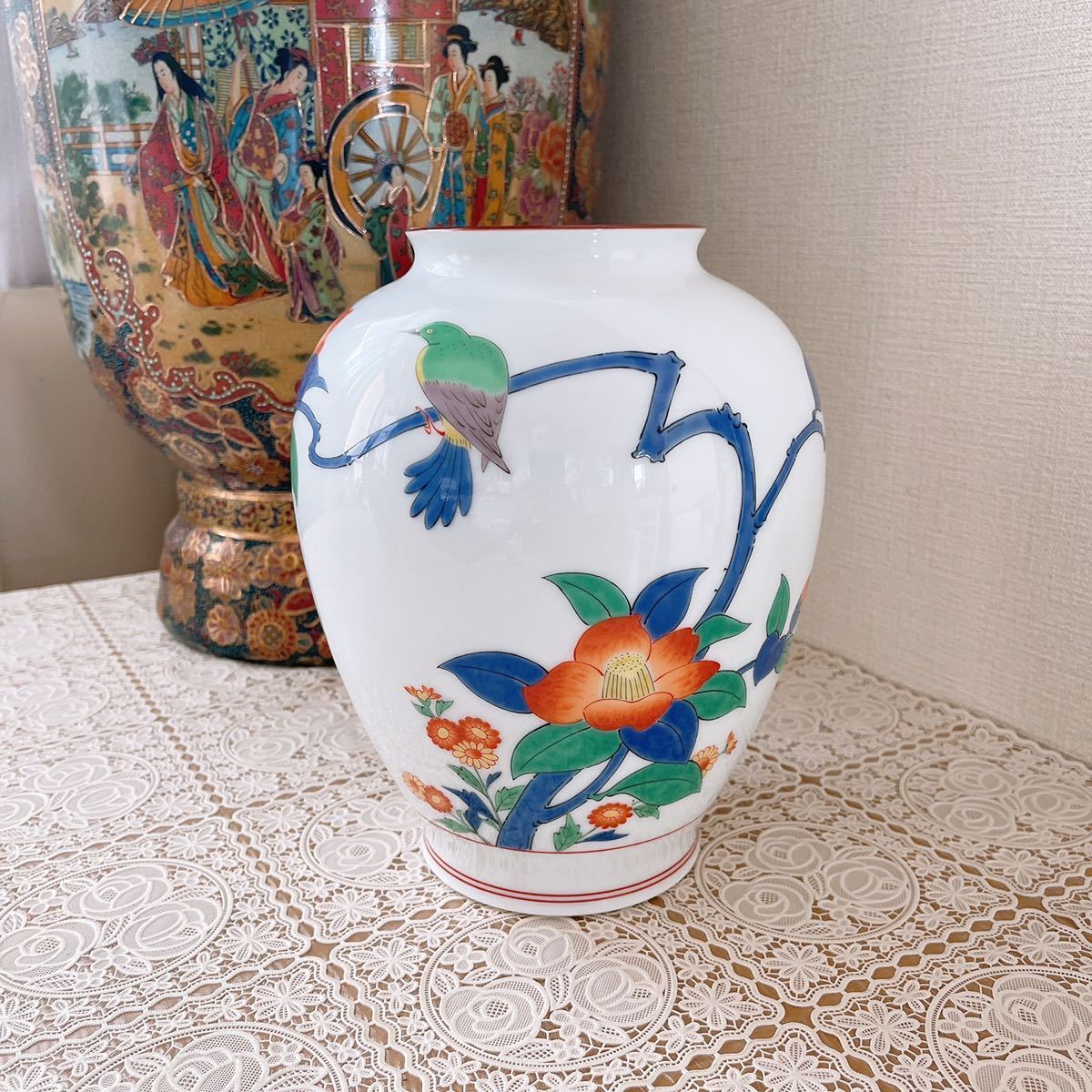 香蘭社 フランクリン画廊 十三代 酒井田柿右衛門 原画 花鳥図 春 壺