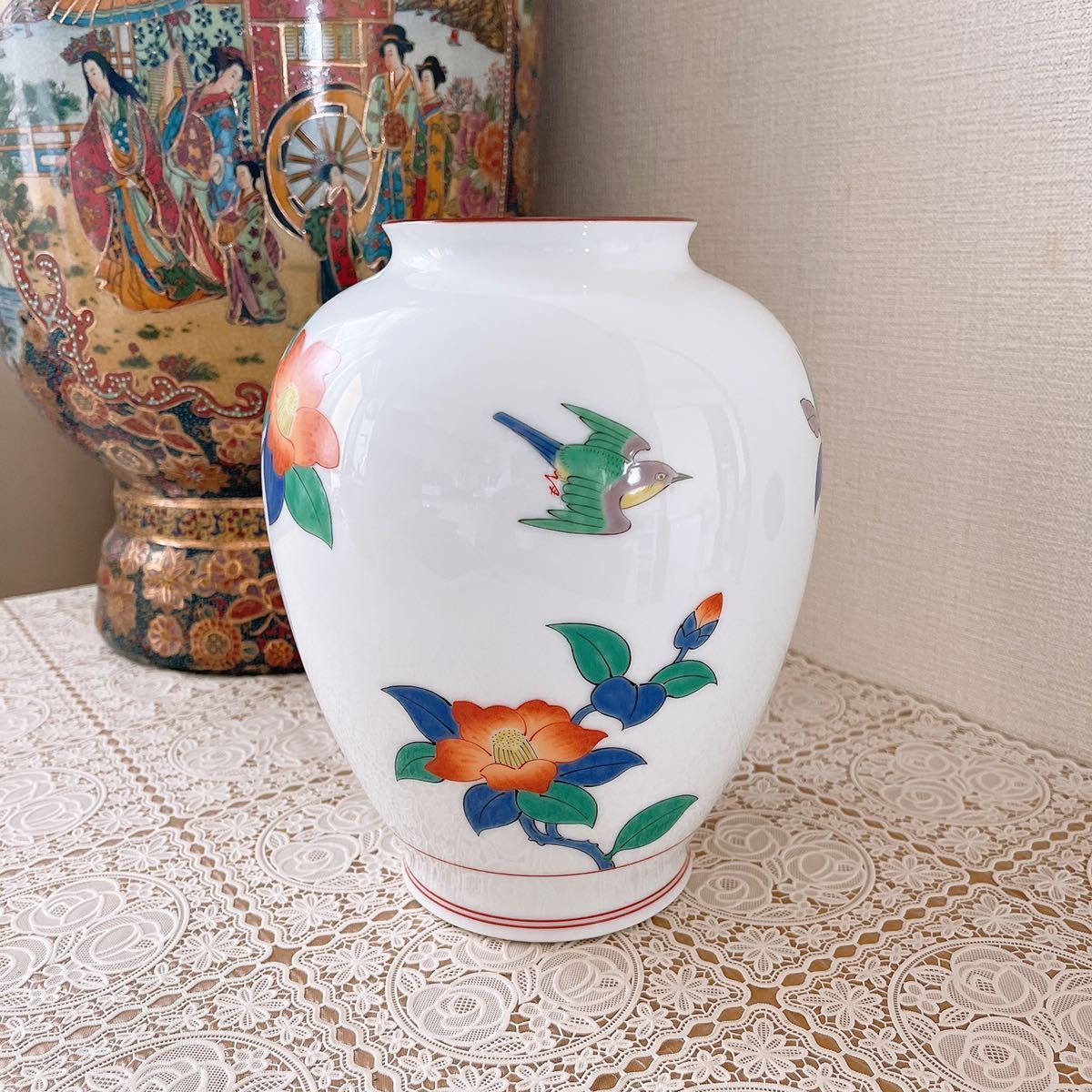 香蘭社 フランクリン画廊 十三代 酒井田柿右衛門 原画 花鳥図 春 壺