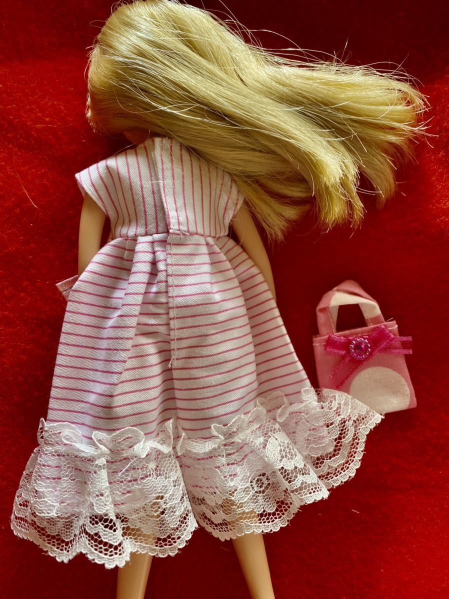 リカちゃん服 ピンクストライプワンピースのハンドメイド バッグ付き