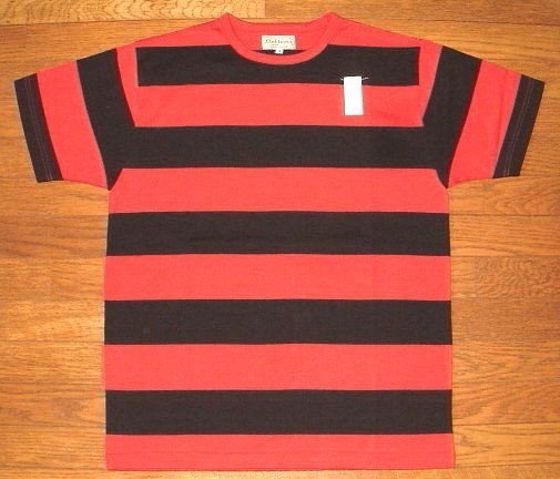 人気デザイナー MATTSONS 新品 CUSHMAN ホットロッド プリズナー (Lサイズ/黒×赤) Tシャツ 半袖 ボーダー柄 極太 囚人 ヘビーコットン生地 クッシュマン トップス