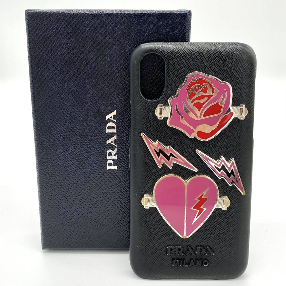 【大特価!!】PRADA プラダ アイフォンケース iPhone10 iPhoneX XS ハート バラ ローズ ブラック×ピンク ブランド 鑑定済み■_画像1