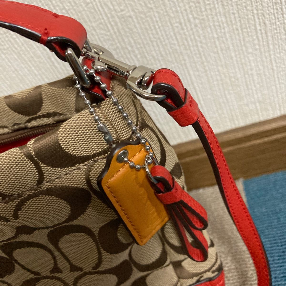 コーチ COACH シグネチャー ショルダー 2way バッグ 朱色 美品 ミニ