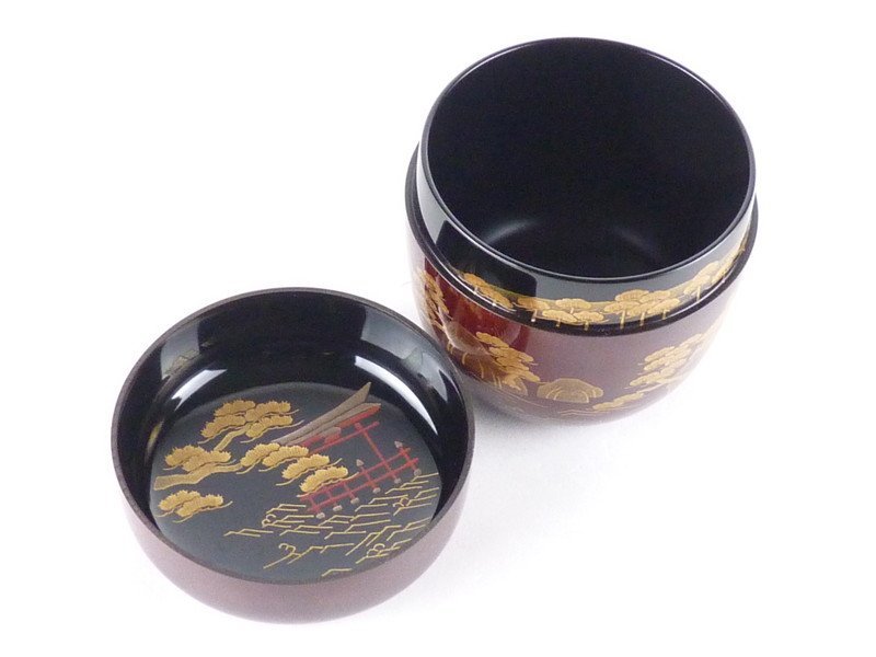都屋】10 坂下雄峰「鵬雲斎好写 三景蒔絵 大棗」共箱 高さ 約7cm 幅 約