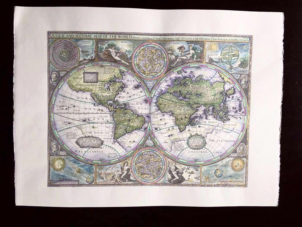 【手描き 金極彩色塗り】大 イタリア製 フィレンツェ 版画 世界地図 中世 ルネッサンス 77×56cm 古地図 絵柄&サイズ違い有