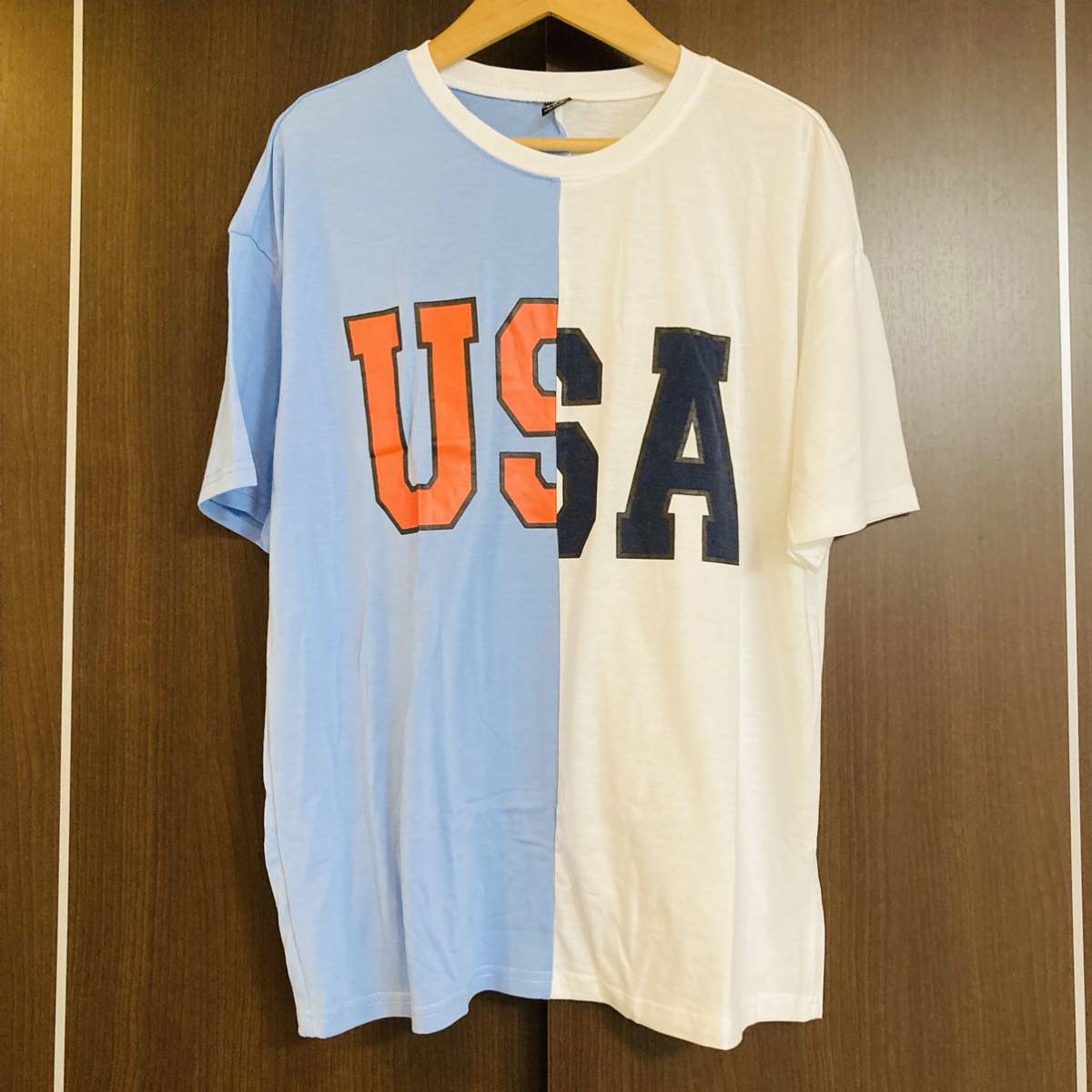 新品未使用 ビッグシルエットの可愛いブロックカラーTシャツ ブルー オーバーサイズ USAロゴTee グラフィックトップス 送料無料セール激安_画像1