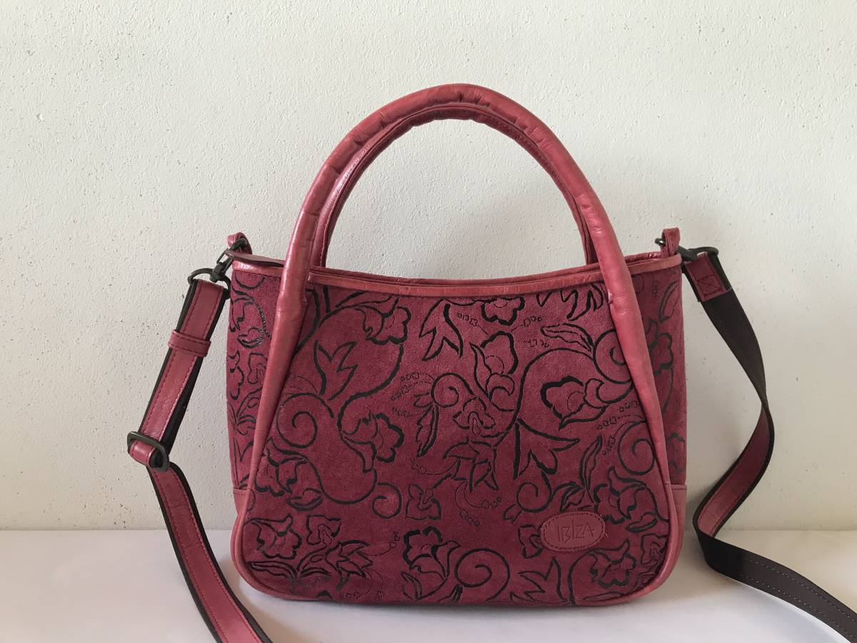 美品◎日本製 IBIZA イビザ スエード×レザー2WAYバッグ フラワー柄
